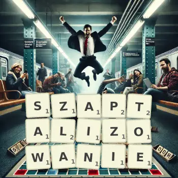 Kreatywna ilustracja do gry w Scrabble ze słowem SZAPTALIZOWANIE ułożonym z płytek na planszy.