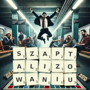 Kreatywna ilustracja do gry w Scrabble ze słowem SZAPTALIZOWANIU ułożonym z płytek na planszy.