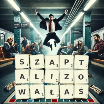 Kreatywna ilustracja do gry w Scrabble ze słowem SZAPTALIZOWAŁAŚ ułożonym z płytek na planszy.