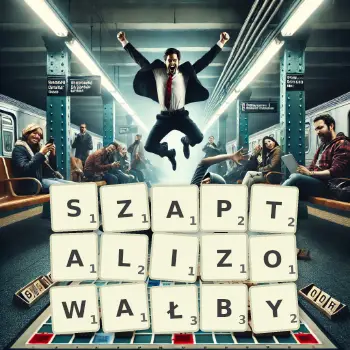 Kreatywna ilustracja do gry w Scrabble ze słowem SZAPTALIZOWAŁBY ułożonym z płytek na planszy.