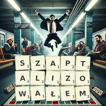 Kreatywna ilustracja do gry w Scrabble ze słowem SZAPTALIZOWAŁEM ułożonym z płytek na planszy.