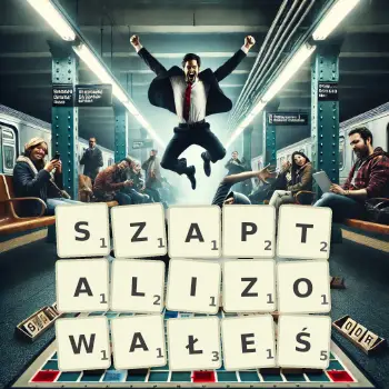 Kreatywna ilustracja do gry w Scrabble ze słowem SZAPTALIZOWAŁEŚ ułożonym z płytek na planszy.