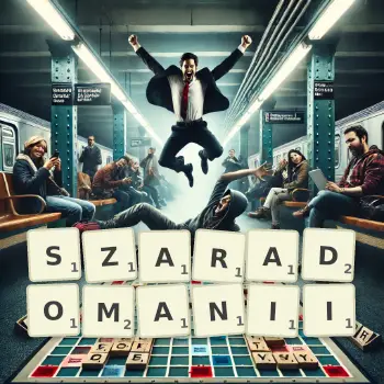 Kreatywna ilustracja do gry w Scrabble ze słowem SZARADOMANII ułożonym z płytek na planszy.