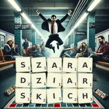 Kreatywna ilustracja do gry w Scrabble ze słowem SZARADZIARSKICH ułożonym z płytek na planszy.