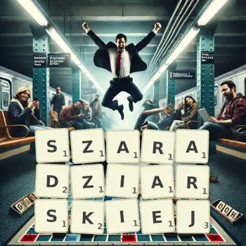 Kreatywna ilustracja do gry w Scrabble ze słowem SZARADZIARSKIEJ ułożonym z płytek na planszy.