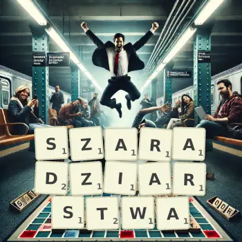 Kreatywna ilustracja do gry w Scrabble ze słowem SZARADZIARSTWA ułożonym z płytek na planszy.
