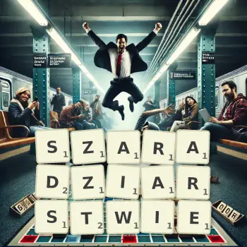 Kreatywna ilustracja do gry w Scrabble ze słowem SZARADZIARSTWIE ułożonym z płytek na planszy.