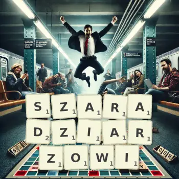 Kreatywna ilustracja do gry w Scrabble ze słowem SZARADZIARZOWI ułożonym z płytek na planszy.