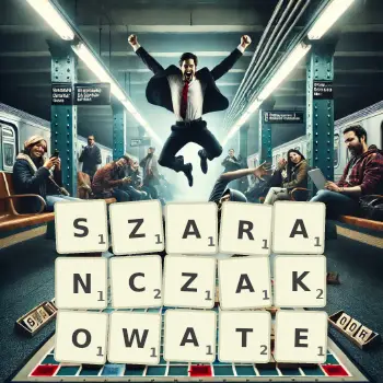 Kreatywna ilustracja do gry w Scrabble ze słowem SZARANCZAKOWATE ułożonym z płytek na planszy.
