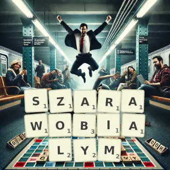 Kreatywna ilustracja do gry w Scrabble ze słowem SZARAWOBIALYM ułożonym z płytek na planszy.