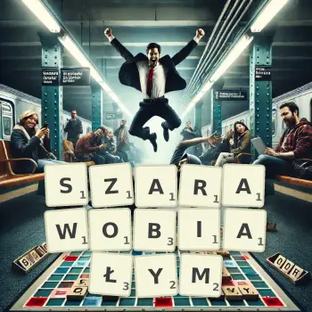 Kreatywna ilustracja do gry w Scrabble ze słowem SZARAWOBIAŁYM ułożonym z płytek na planszy.