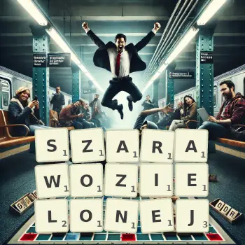 Kreatywna ilustracja do gry w Scrabble ze słowem SZARAWOZIELONEJ ułożonym z płytek na planszy.