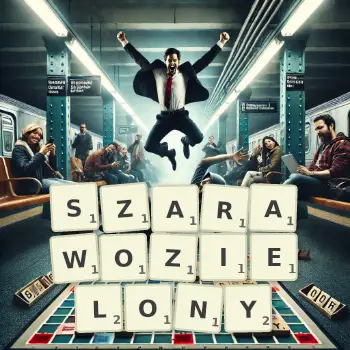 Kreatywna ilustracja do gry w Scrabble ze słowem SZARAWOZIELONY ułożonym z płytek na planszy.