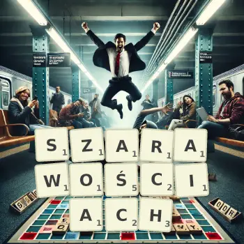 Kreatywna ilustracja do gry w Scrabble ze słowem SZARAWOŚCIACH ułożonym z płytek na planszy.