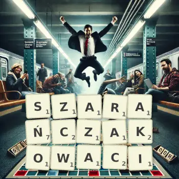 Kreatywna ilustracja do gry w Scrabble ze słowem SZARAŃCZAKOWACI ułożonym z płytek na planszy.