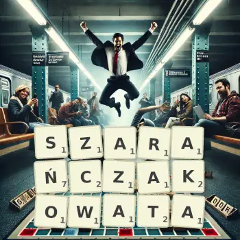 Kreatywna ilustracja do gry w Scrabble ze słowem SZARAŃCZAKOWATA ułożonym z płytek na planszy.