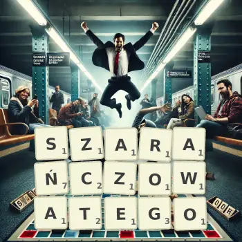 Kreatywna ilustracja do gry w Scrabble ze słowem SZARAŃCZOWATEGO ułożonym z płytek na planszy.