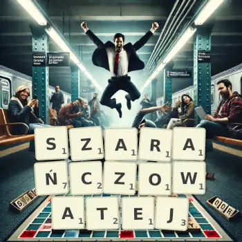 Kreatywna ilustracja do gry w Scrabble ze słowem SZARAŃCZOWATEJ ułożonym z płytek na planszy.