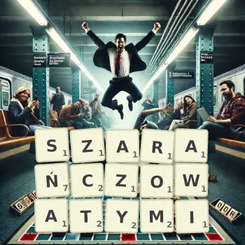 Kreatywna ilustracja do gry w Scrabble ze słowem SZARAŃCZOWATYMI ułożonym z płytek na planszy.