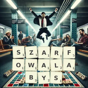 Kreatywna ilustracja do gry w Scrabble ze słowem SZARFOWALABYS ułożonym z płytek na planszy.
