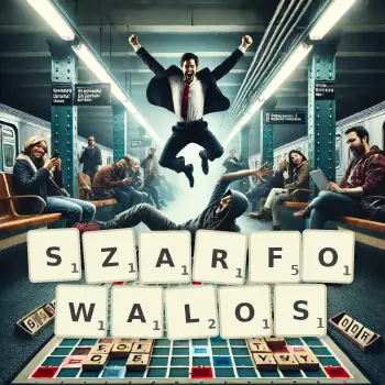 Kreatywna ilustracja do gry w Scrabble ze słowem SZARFOWALOS ułożonym z płytek na planszy.