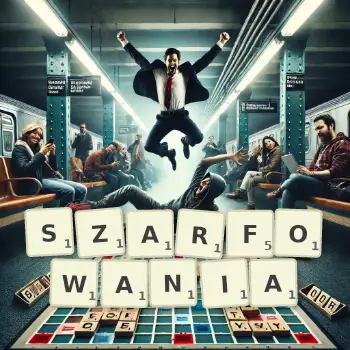 Kreatywna ilustracja do gry w Scrabble ze słowem SZARFOWANIA ułożonym z płytek na planszy.