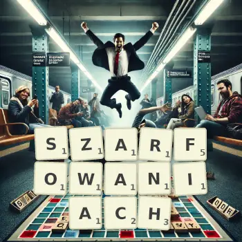 Kreatywna ilustracja do gry w Scrabble ze słowem SZARFOWANIACH ułożonym z płytek na planszy.