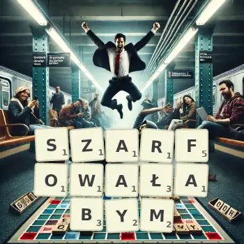 Kreatywna ilustracja do gry w Scrabble ze słowem SZARFOWAŁABYM ułożonym z płytek na planszy.