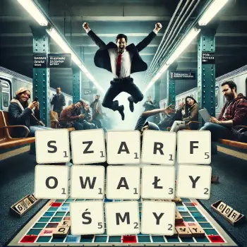 Kreatywna ilustracja do gry w Scrabble ze słowem SZARFOWAŁYŚMY ułożonym z płytek na planszy.