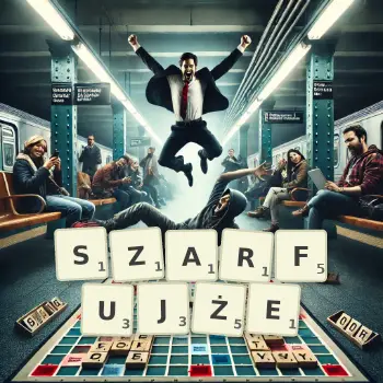 Kreatywna ilustracja do gry w Scrabble ze słowem SZARFUJŻE ułożonym z płytek na planszy.