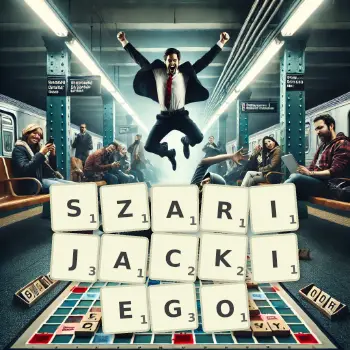 Kreatywna ilustracja do gry w Scrabble ze słowem SZARIJACKIEGO ułożonym z płytek na planszy.