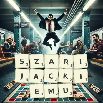Kreatywna ilustracja do gry w Scrabble ze słowem SZARIJACKIEMU ułożonym z płytek na planszy.