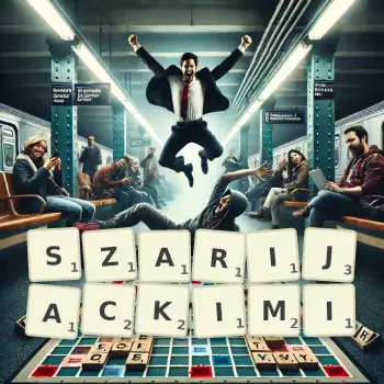 Kreatywna ilustracja do gry w Scrabble ze słowem SZARIJACKIMI ułożonym z płytek na planszy.