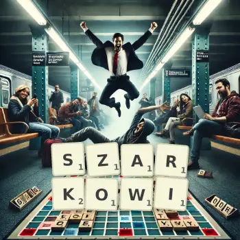 Kreatywna ilustracja do gry w Scrabble ze słowem SZARKOWI ułożonym z płytek na planszy.