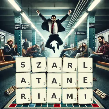 Kreatywna ilustracja do gry w Scrabble ze słowem SZARLATANERIAMI ułożonym z płytek na planszy.