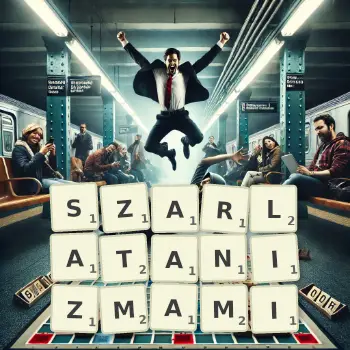 Kreatywna ilustracja do gry w Scrabble ze słowem SZARLATANIZMAMI ułożonym z płytek na planszy.