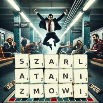 Kreatywna ilustracja do gry w Scrabble ze słowem SZARLATANIZMOWI ułożonym z płytek na planszy.