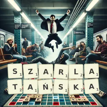 Kreatywna ilustracja do gry w Scrabble ze słowem SZARLATAŃSKA ułożonym z płytek na planszy.