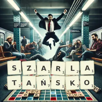 Kreatywna ilustracja do gry w Scrabble ze słowem SZARLATAŃSKO ułożonym z płytek na planszy.