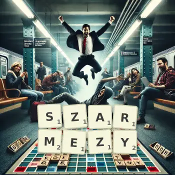 Kreatywna ilustracja do gry w Scrabble ze słowem SZARMEZY ułożonym z płytek na planszy.