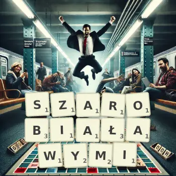 Kreatywna ilustracja do gry w Scrabble ze słowem SZAROBIAŁAWYMI ułożonym z płytek na planszy.