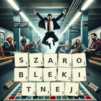 Kreatywna ilustracja do gry w Scrabble ze słowem SZAROBLEKITNEJ ułożonym z płytek na planszy.