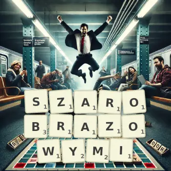 Kreatywna ilustracja do gry w Scrabble ze słowem SZAROBRAZOWYMI ułożonym z płytek na planszy.