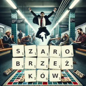 Kreatywna ilustracja do gry w Scrabble ze słowem SZAROBRZEŻKÓW ułożonym z płytek na planszy.