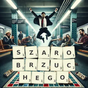 Kreatywna ilustracja do gry w Scrabble ze słowem SZAROBRZUCHEGO ułożonym z płytek na planszy.