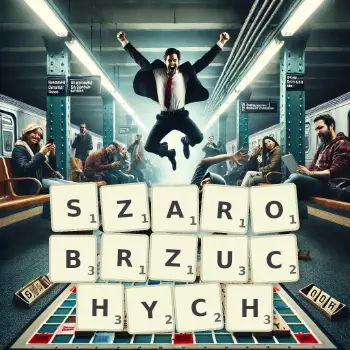 Kreatywna ilustracja do gry w Scrabble ze słowem SZAROBRZUCHYCH ułożonym z płytek na planszy.