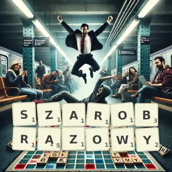 Kreatywna ilustracja do gry w Scrabble ze słowem SZAROBRĄZOWY ułożonym z płytek na planszy.