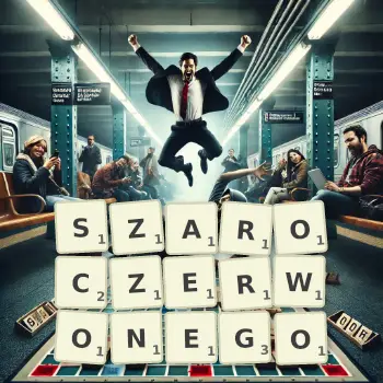 Kreatywna ilustracja do gry w Scrabble ze słowem SZAROCZERWONEGO ułożonym z płytek na planszy.