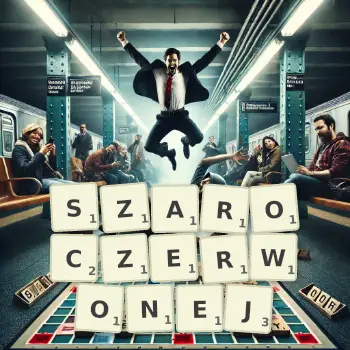 Kreatywna ilustracja do gry w Scrabble ze słowem SZAROCZERWONEJ ułożonym z płytek na planszy.