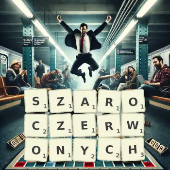 Kreatywna ilustracja do gry w Scrabble ze słowem SZAROCZERWONYCH ułożonym z płytek na planszy.